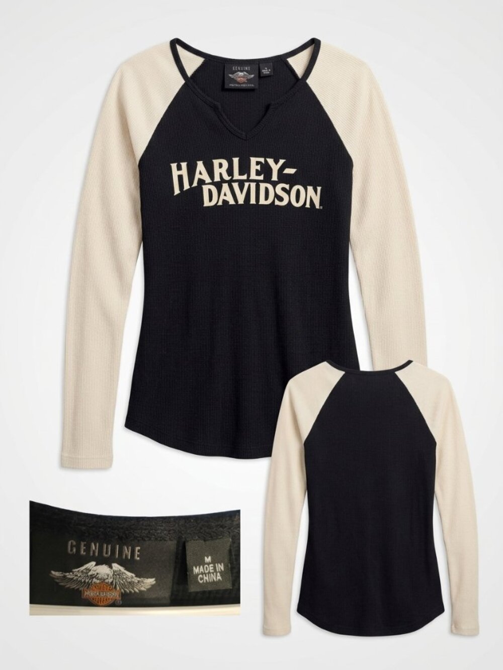 Harley Davidson Black Beige Long Sleeve Baseball Style Thermal Soft Size M